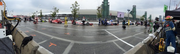 Cars on pit lane during a red flag.